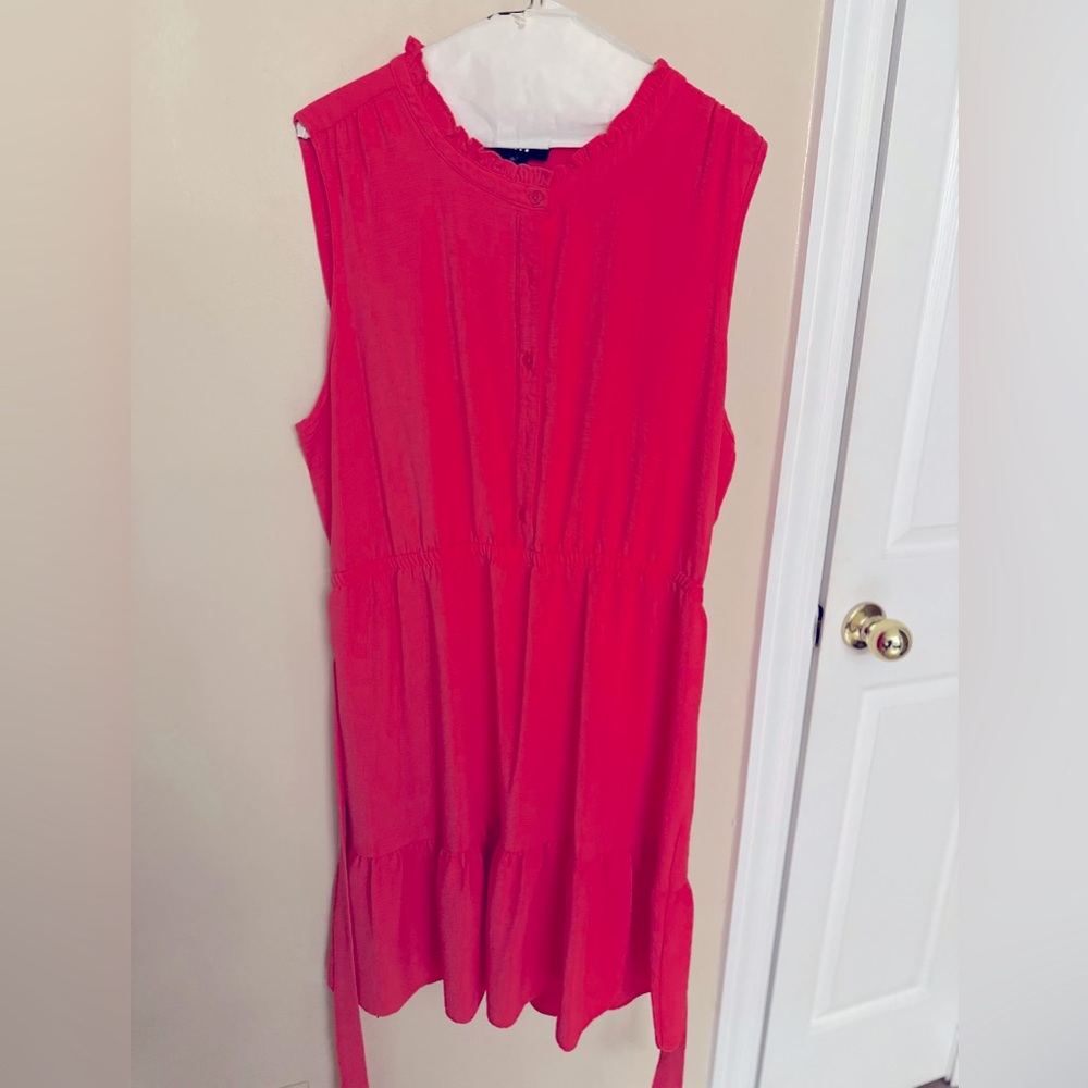DKNY sleeveless pink tiered elastic waist dress with button top & ruffle trim